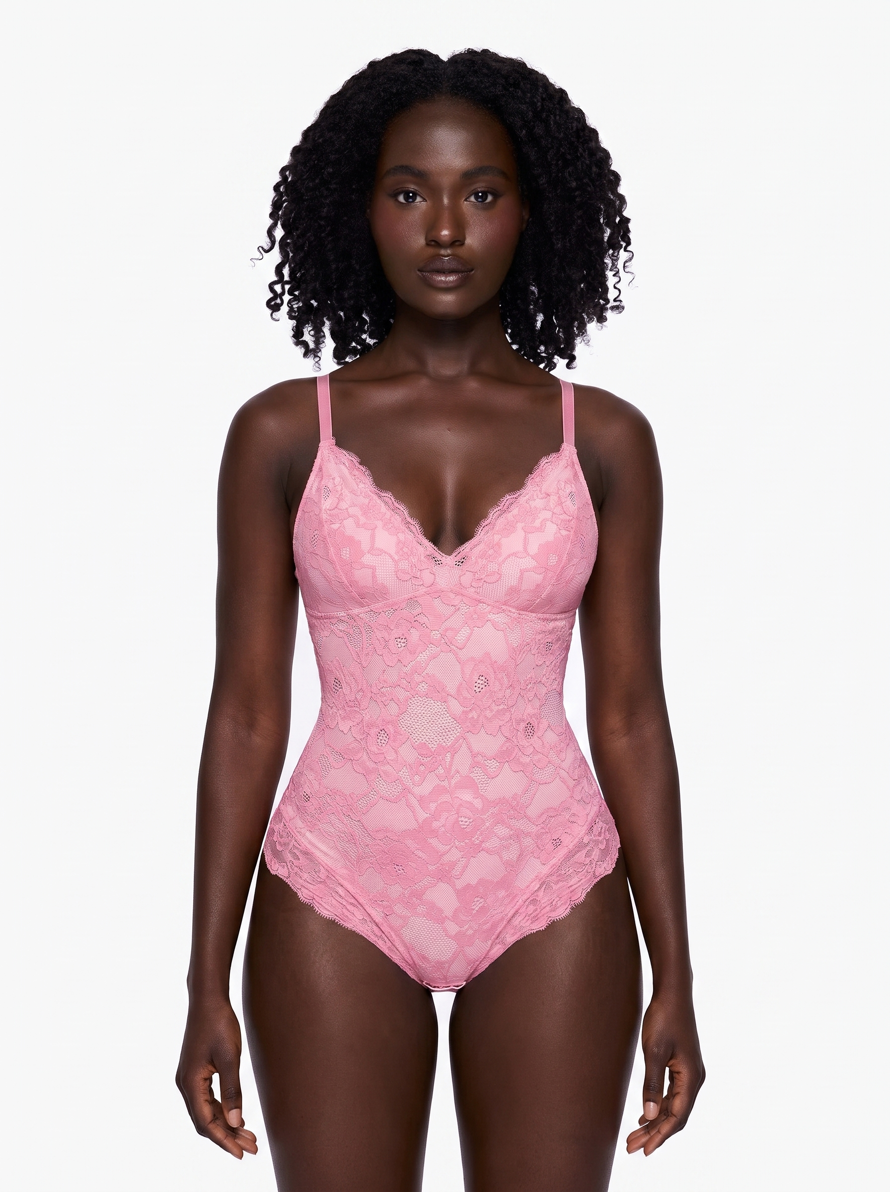 Shapewear Firm Control Smoothing Full Lace Thong Bodysuit - Baby Pink