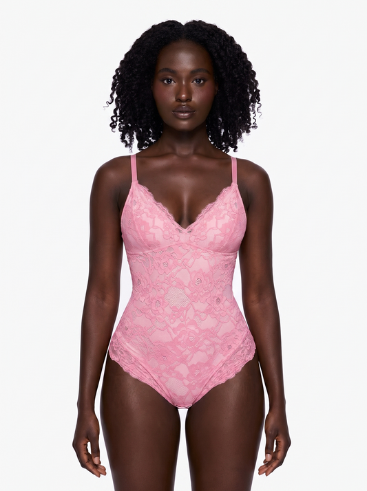 Shapewear Firm Control Smoothing Full Lace Thong Bodysuit - Baby Pink