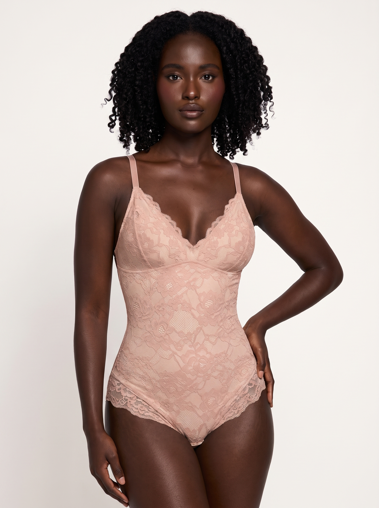 Shapewear Firm Control Smoothing Full Lace Thong Bodysuit - Pink Skin
