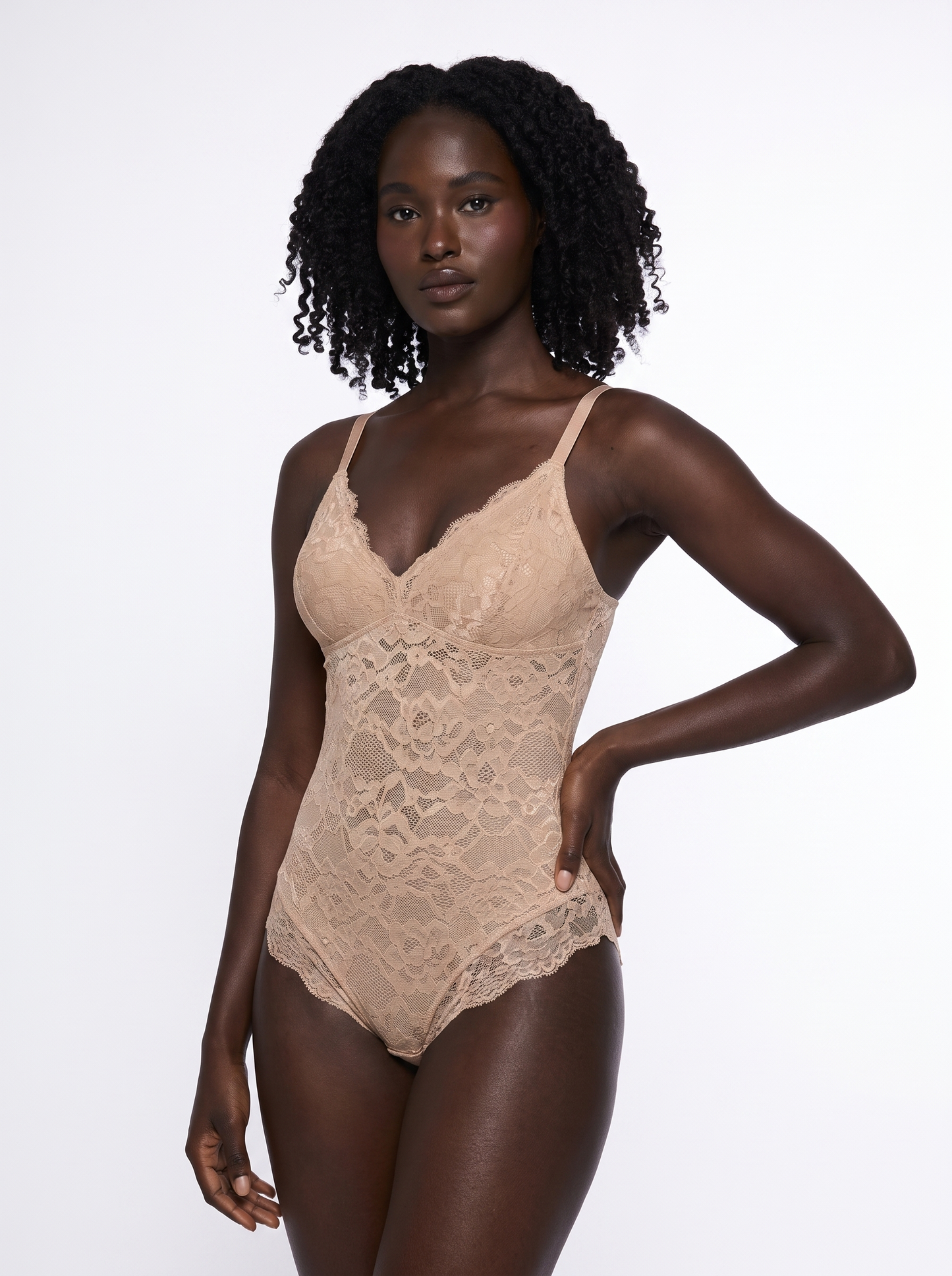 Shapewear Firm Control Smoothing Full Lace Thong Bodysuit - Skin