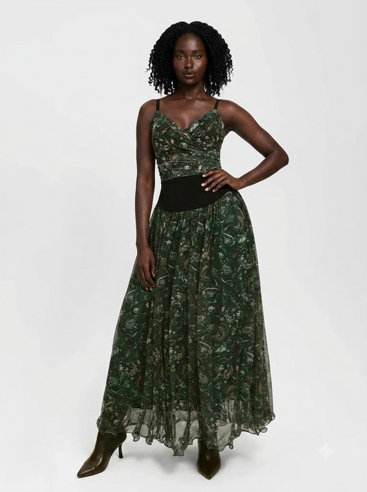 Paisley Sculpting Corset Top & High-Waist A-Line Maxi Skirt - Forest Green Floral
