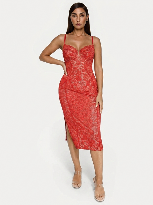 Shapewear All-Lace Hourglass Corset Side Slit Midi Dress - Red
