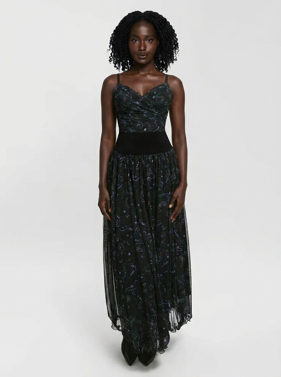 Paisley Sculpting Corset Top & High-Waist A-Line Maxi Skirt - Black