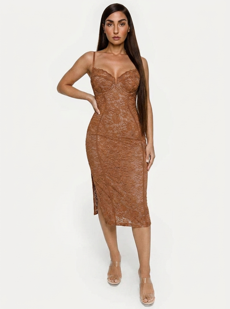 Shapewear All-Lace Hourglass Corset Side Slit Midi Dress - Brown