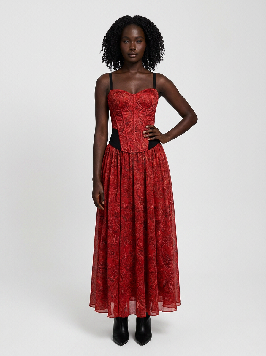 Paisley Sculpting Corset Top & High-Waist A-Line Maxi Skirt - Red