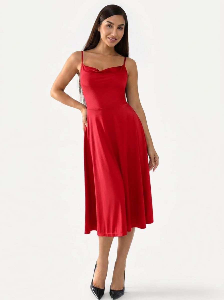 Shapewear Strappy Cowl Neck Fit & Flare Midi Dress - Red