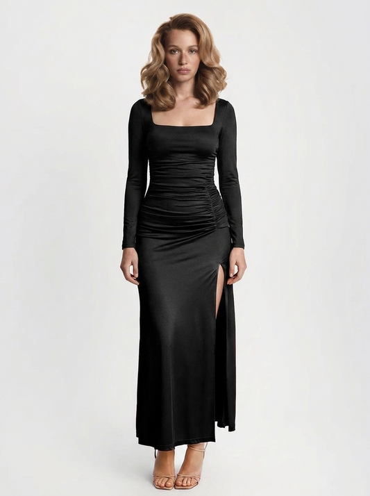 Square Neck Slimming Sculpting Maxi Dress with Sleeves - Black