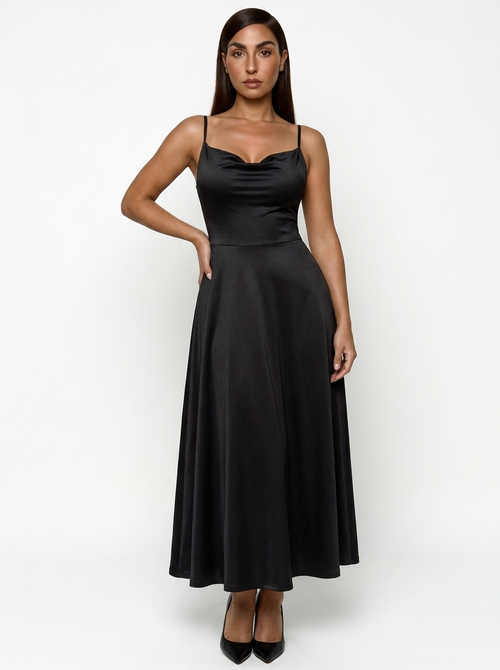 Shapewear Strappy Cowl Neck Fit & Flare Midi Dress - Black