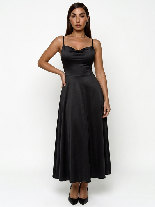 Shapewear Strappy Cowl Neck Fit & Flare Midi Dress - Black