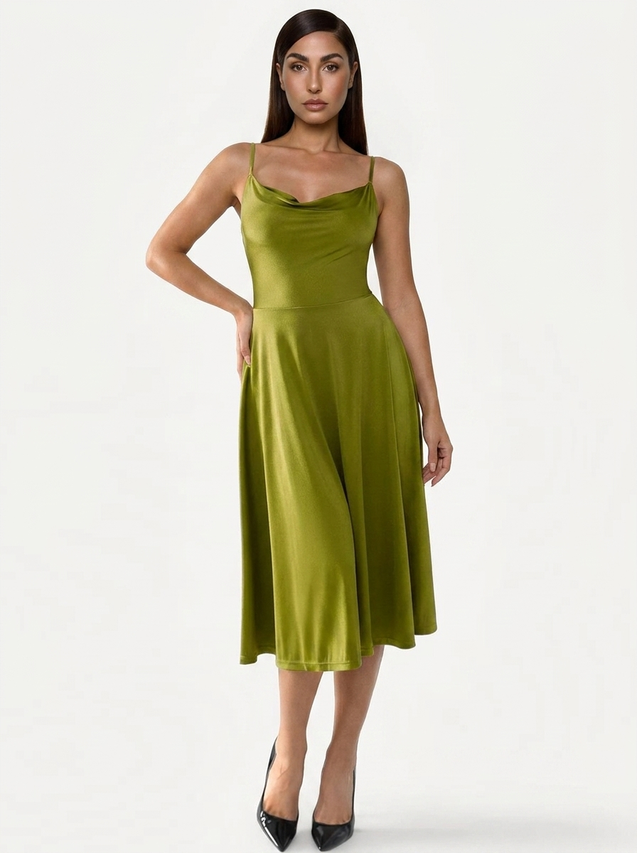 Shapewear Strappy Cowl Neck Fit & Flare Midi Dress - Green