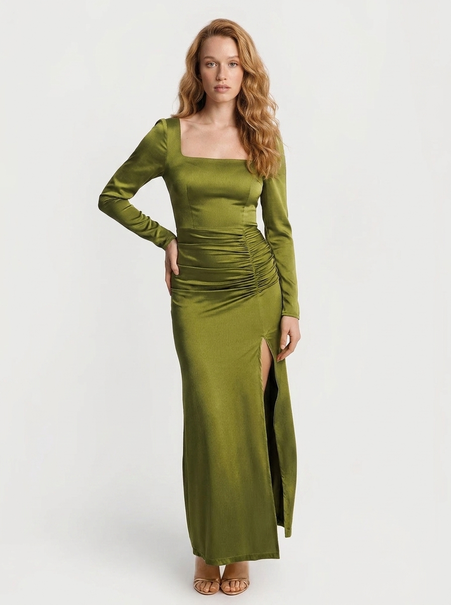 Square Neck Slimming Sculpting Maxi Dress with Sleeves - Green
