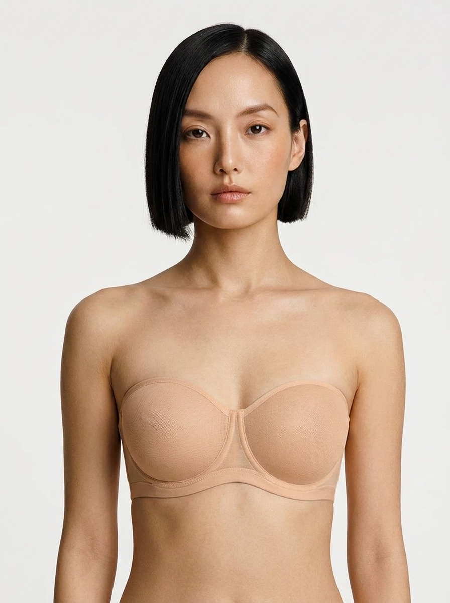 Unlined Sheer Mesh Strapless Minimizer Underwire Bra - Skin