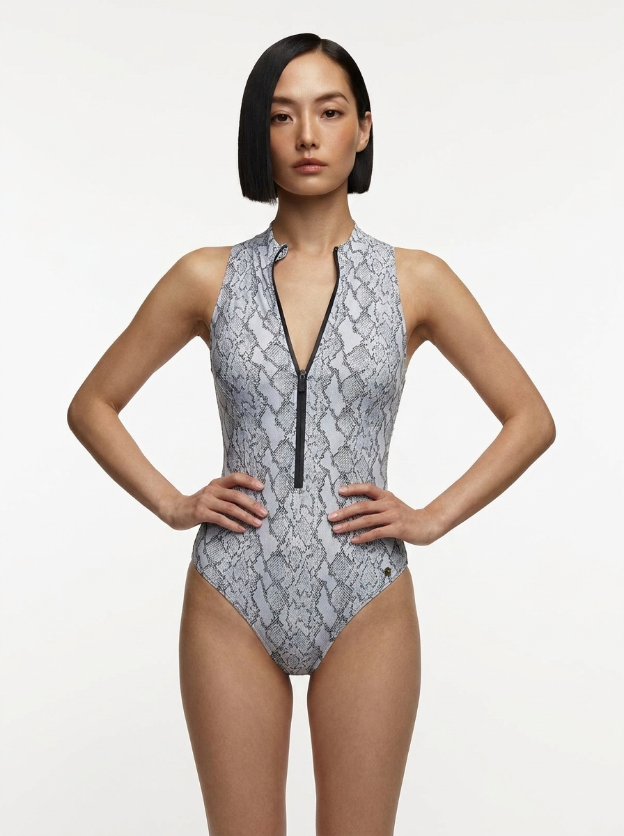 Zip-Front Waist Shaping Swimsuit - Snake Print