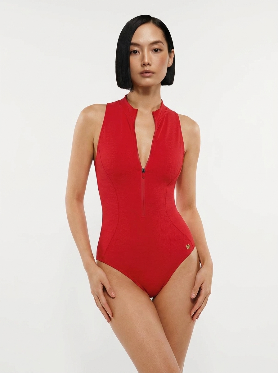 Zip-Front Waist Shaping Swimsuit - Red