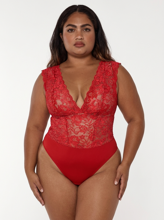 Shapewear V-neck Sleeveless Sculpting Lace Bodysuit - Red