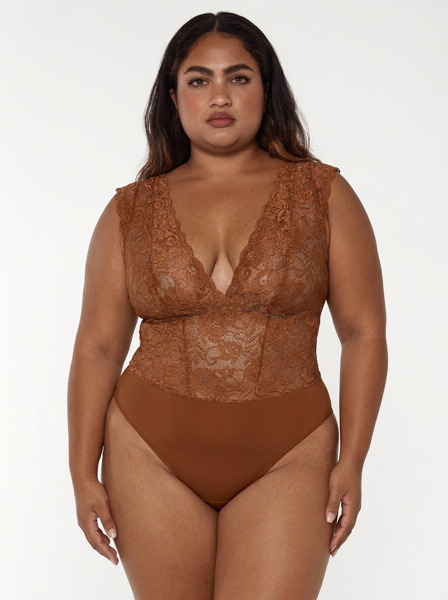 Shapewear V-neck Sleeveless Sculpting Lace Bodysuit - Brown