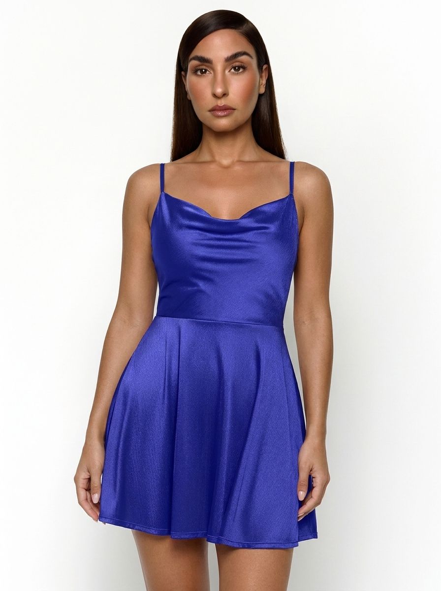 Shapewear Strappy Cowl Neck Tummy Control Flare Dress - Blue