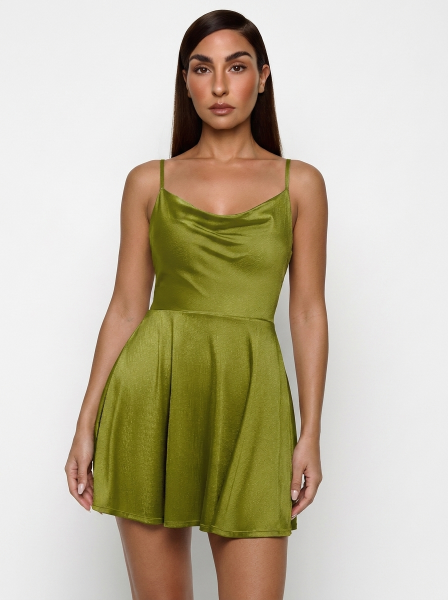 Shapewear Strappy Cowl Neck Tummy Control Flare Dress - Green