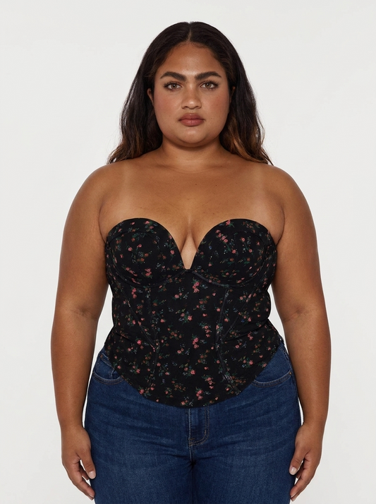 Sculpting Push-Up Lace Floral Boned Convertible Strap Corset Top - Floral