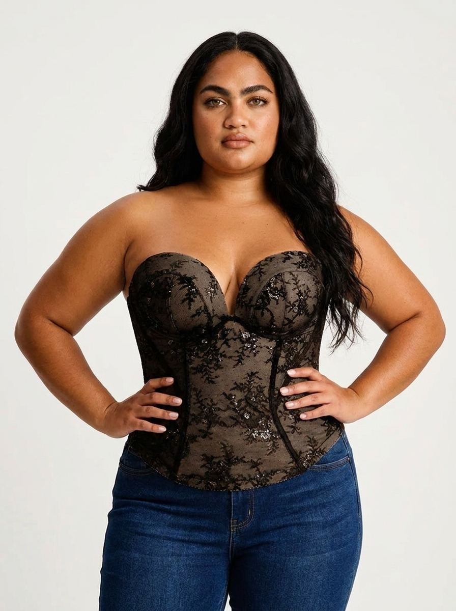 Sculpting Push-Up Lace Floral Boned Convertible Strap Corset Top - Black Lace