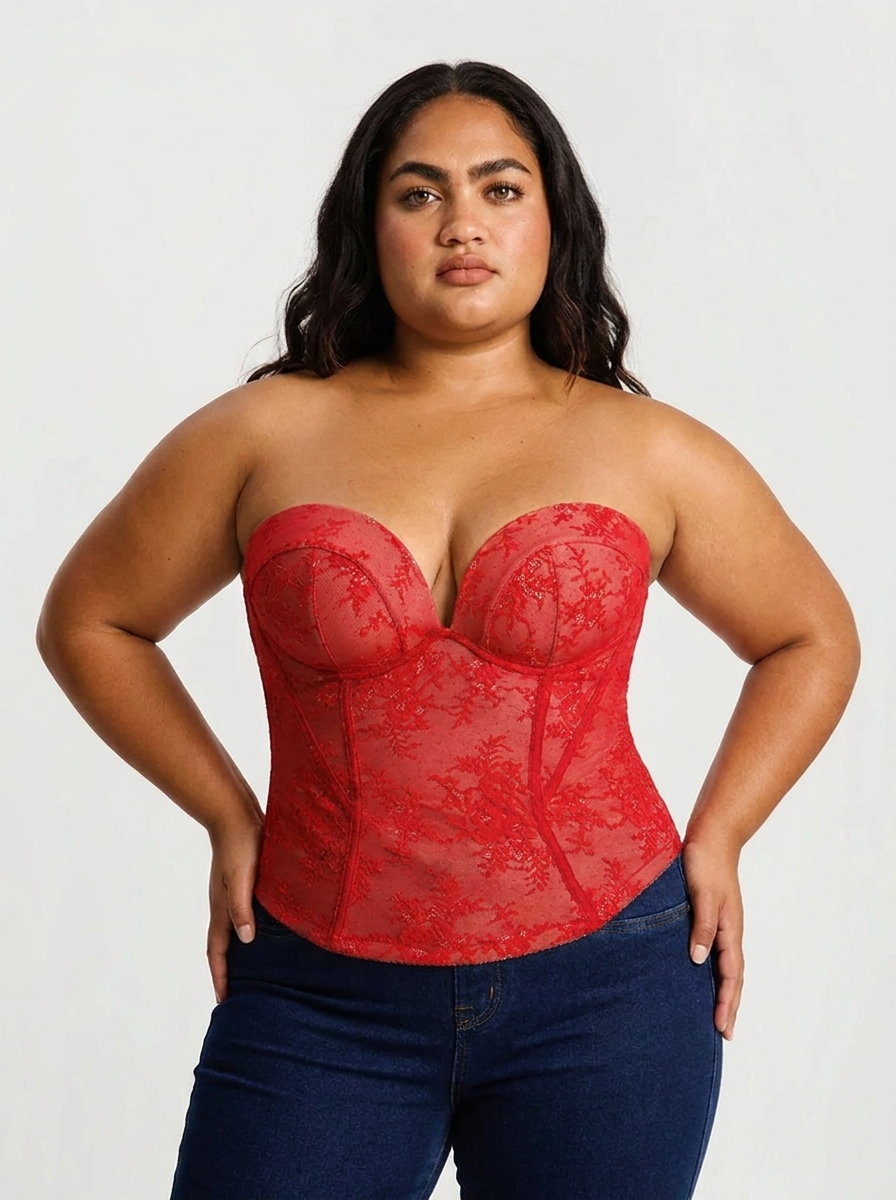 Sculpting Push-Up Lace Floral Boned Convertible Strap Corset Top - Red Lace