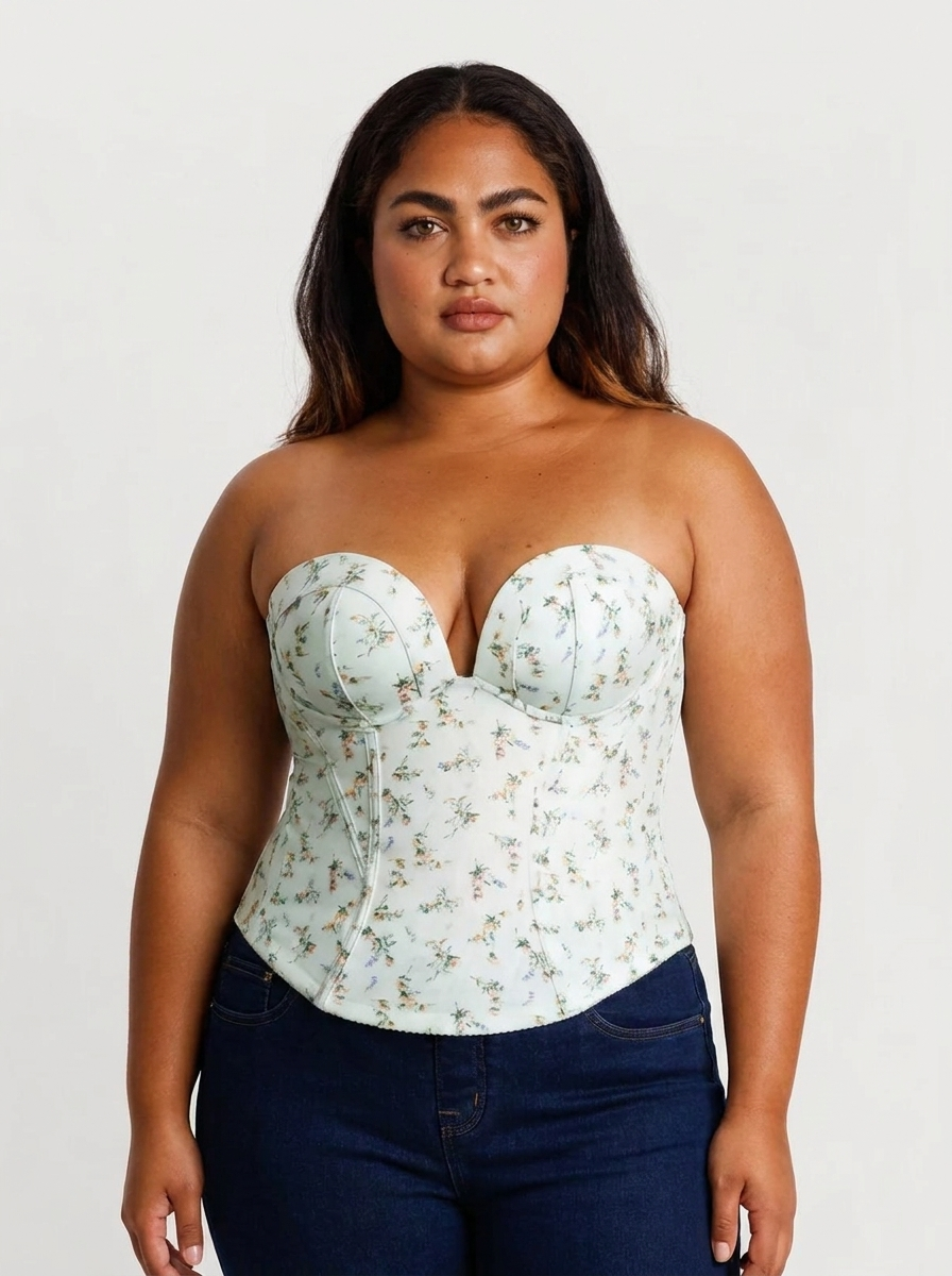 Sculpting Push-Up Lace Floral Boned Convertible Strap Corset Top - Green Floral
