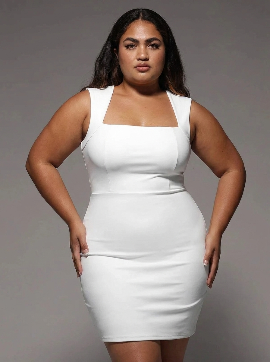 Shapewear Cut-in Square Neck Sculpting Midi Dress - White