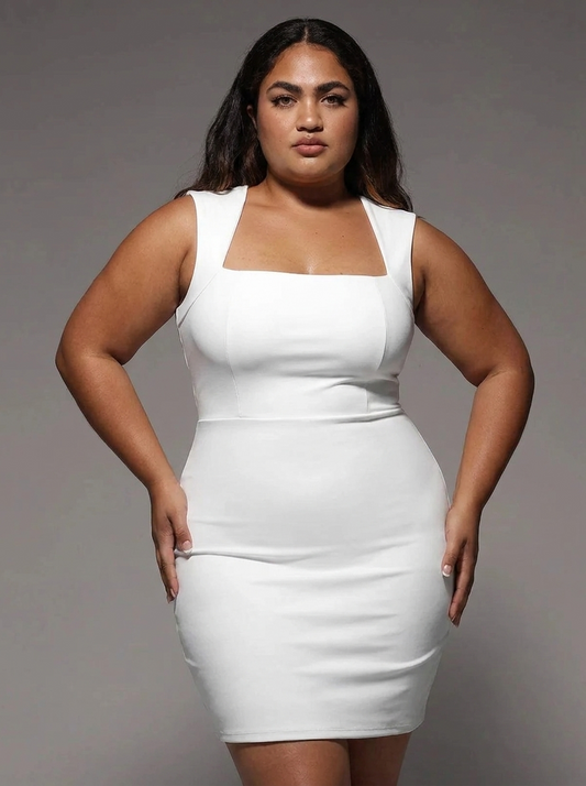 Shapewear Cut-in Square Neck Sculpting Midi Dress - White