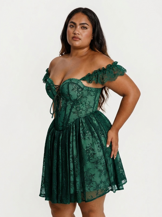 Off-The-Shoulder Sculpting Corset Fit & Flare Mini Dress - Green Floral