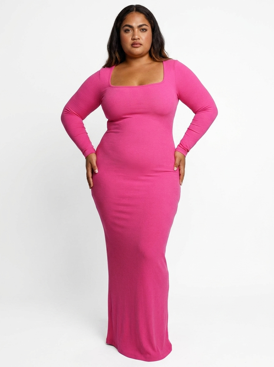 Shapewear Soft Modal Sculpting Dresses - Long Sleeve Maxi Dress Pink