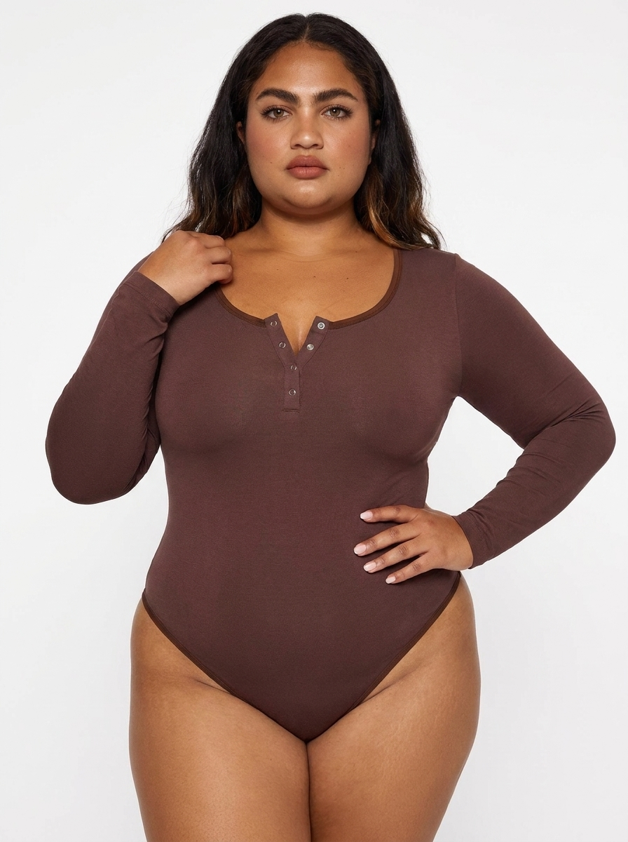 Shapewear Seamless Modal Long Sleeve Henley Bodysuit - Brown