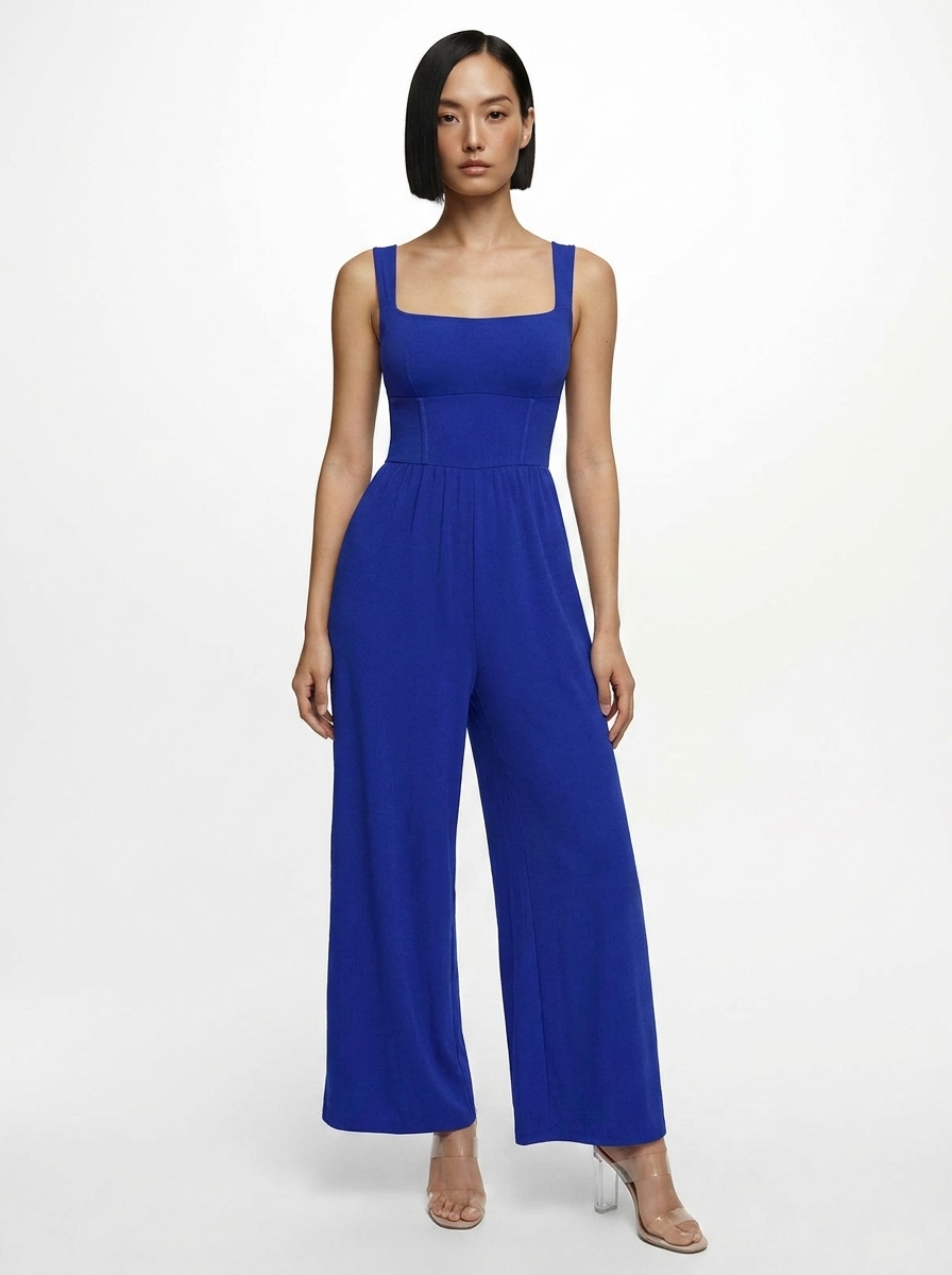 Shapewear Square Neck Tummy Control Wide Leg Jumpsuit - Non-Drawstring Version Blue