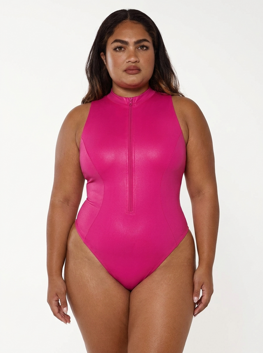Shapewear Faux Leather Mock Neck Zip Front Sculpting Bodysuit - Pink