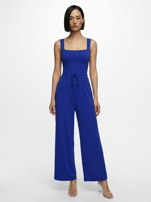 Shapewear Square Neck Tummy Control Wide Leg Jumpsuit - Drawstring Version Blue