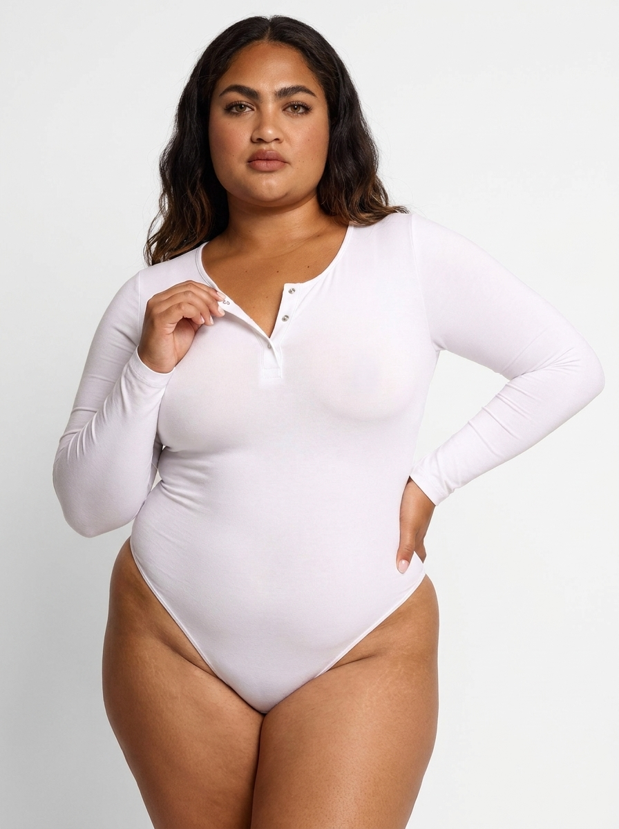 Shapewear Seamless Modal Long Sleeve Henley Bodysuit - White