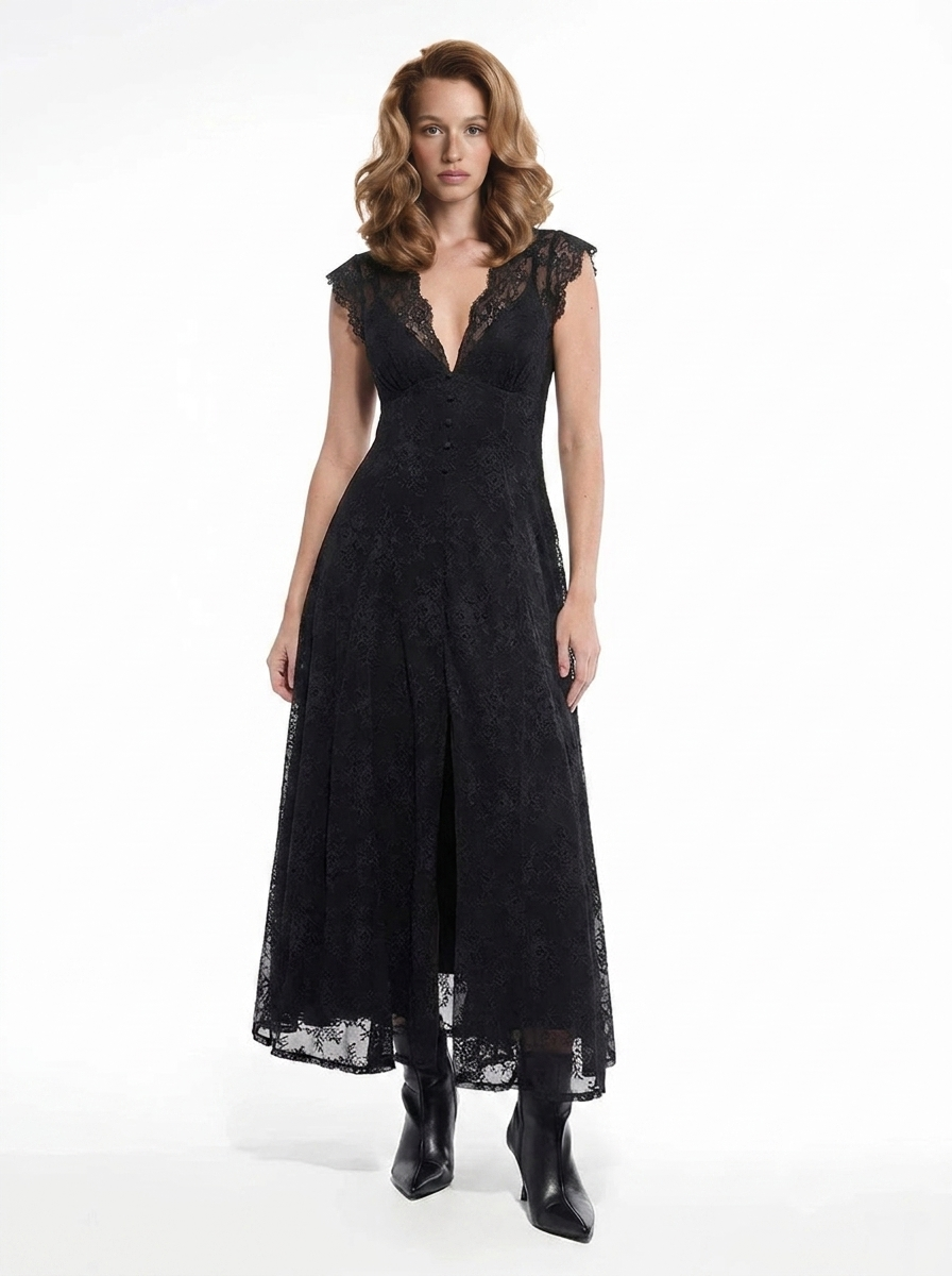 Shapewear Boho Floral Lace Front Slit Maxi Dress - Black