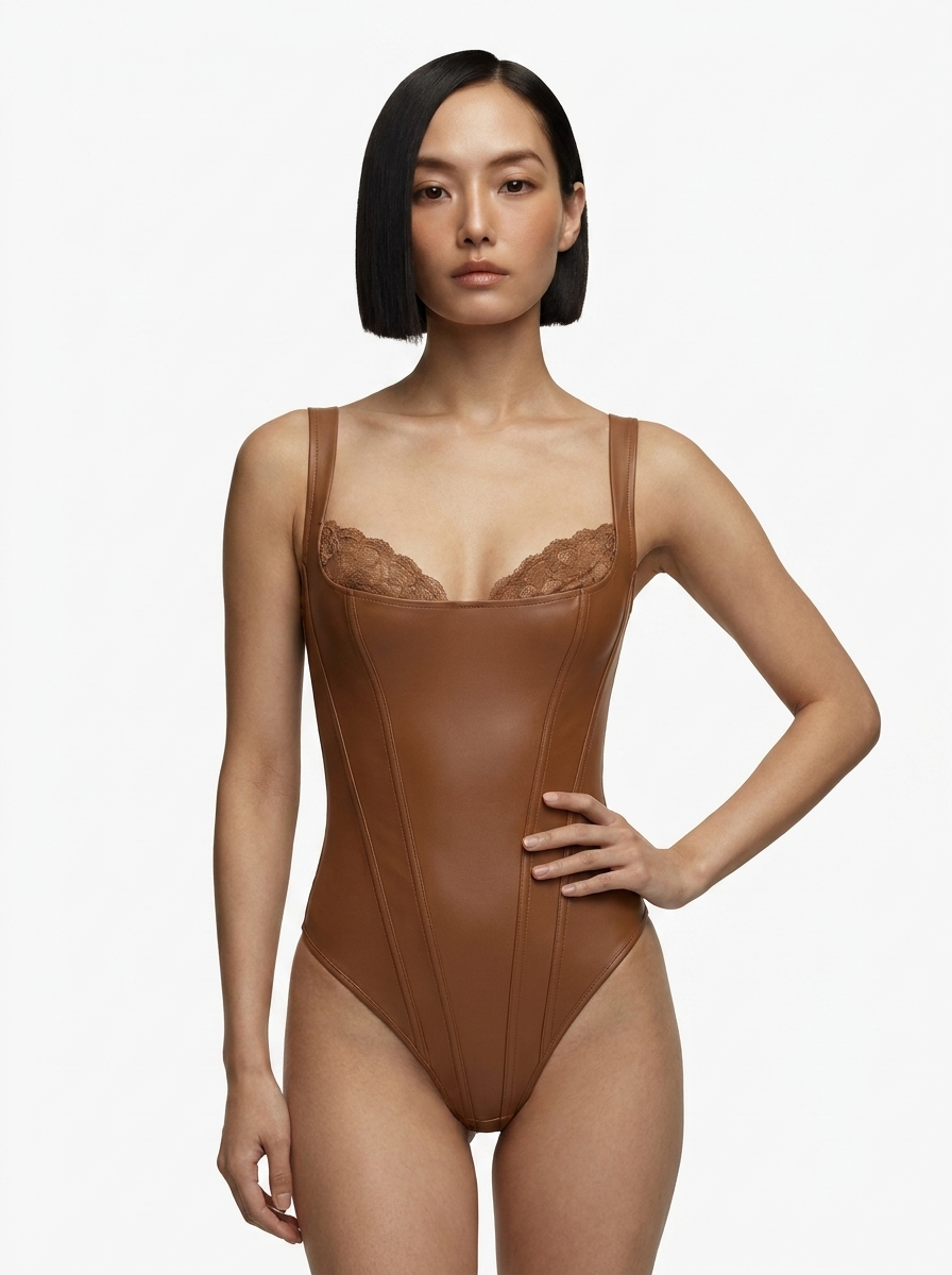 Shapewear Faux Leather Lace Balconette Sculpting Bodysuit - Brown