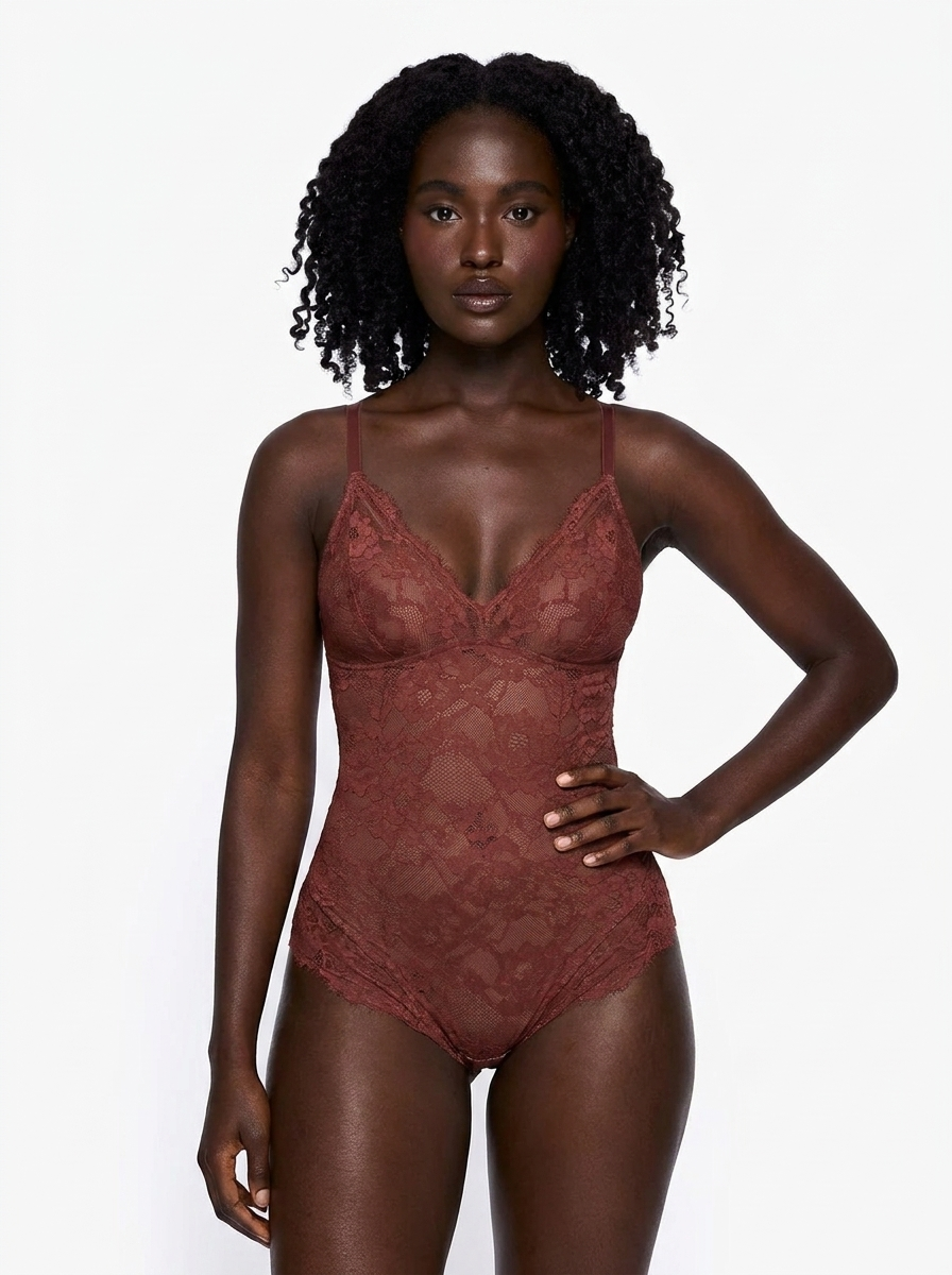 Shapewear Firm Control Smoothing Full Lace Thong Bodysuit - Jujube Red
