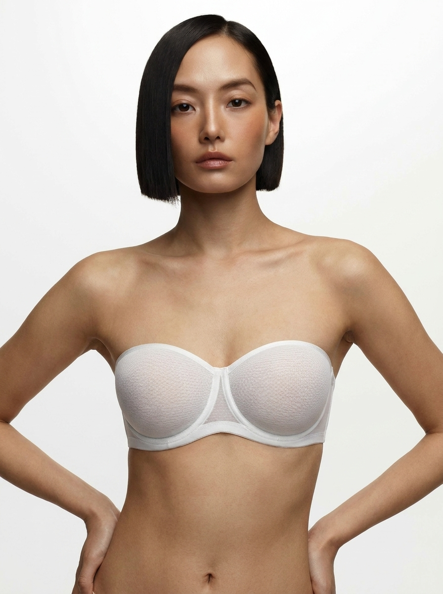 Unlined Sheer Mesh Strapless Minimizer Underwire Bra - White