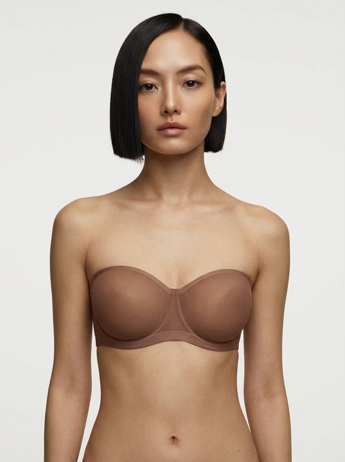 Unlined Sheer Mesh Strapless Minimizer Underwire Bra - Brown