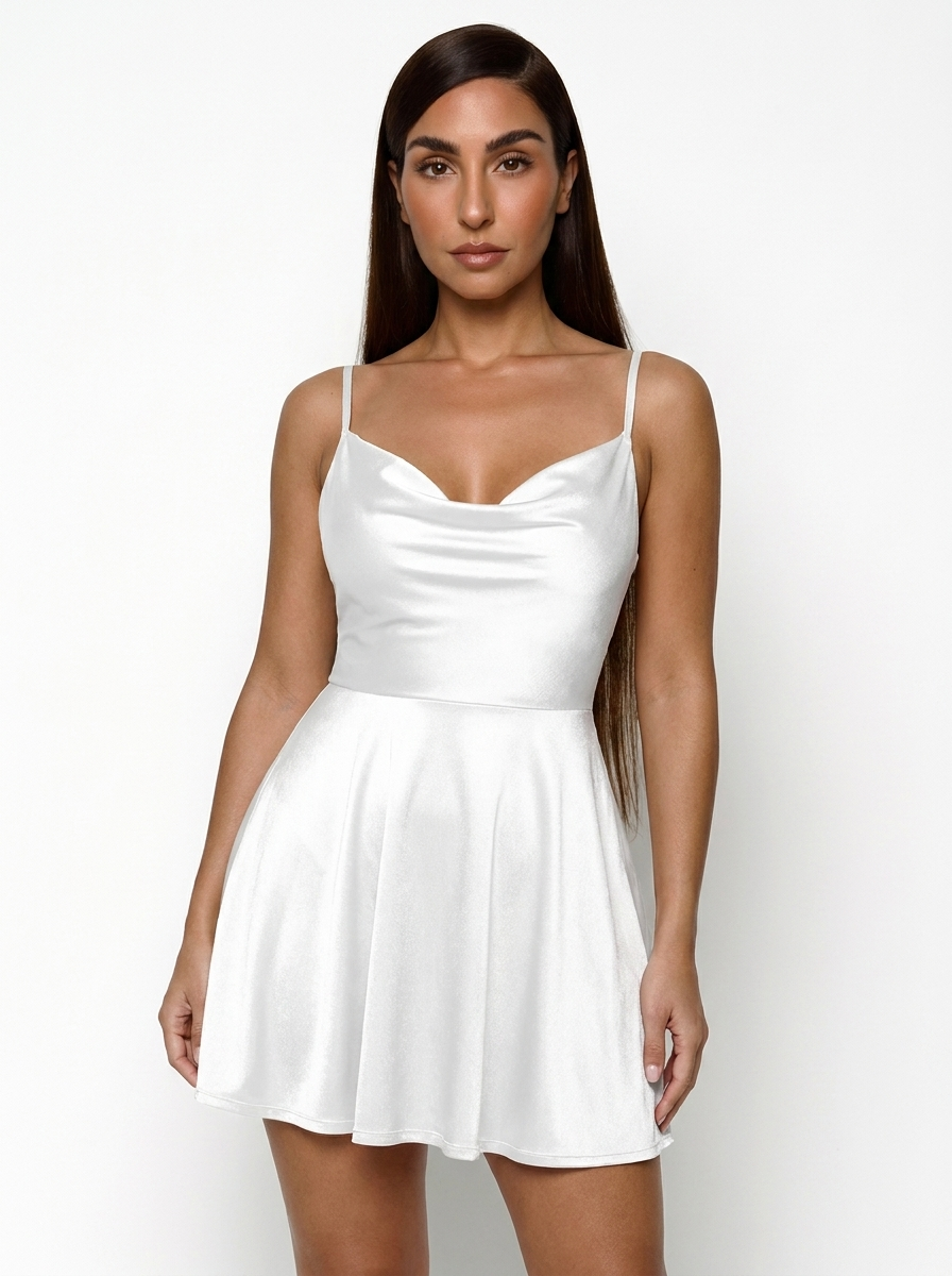 Shapewear Strappy Cowl Neck Tummy Control Flare Dress - White