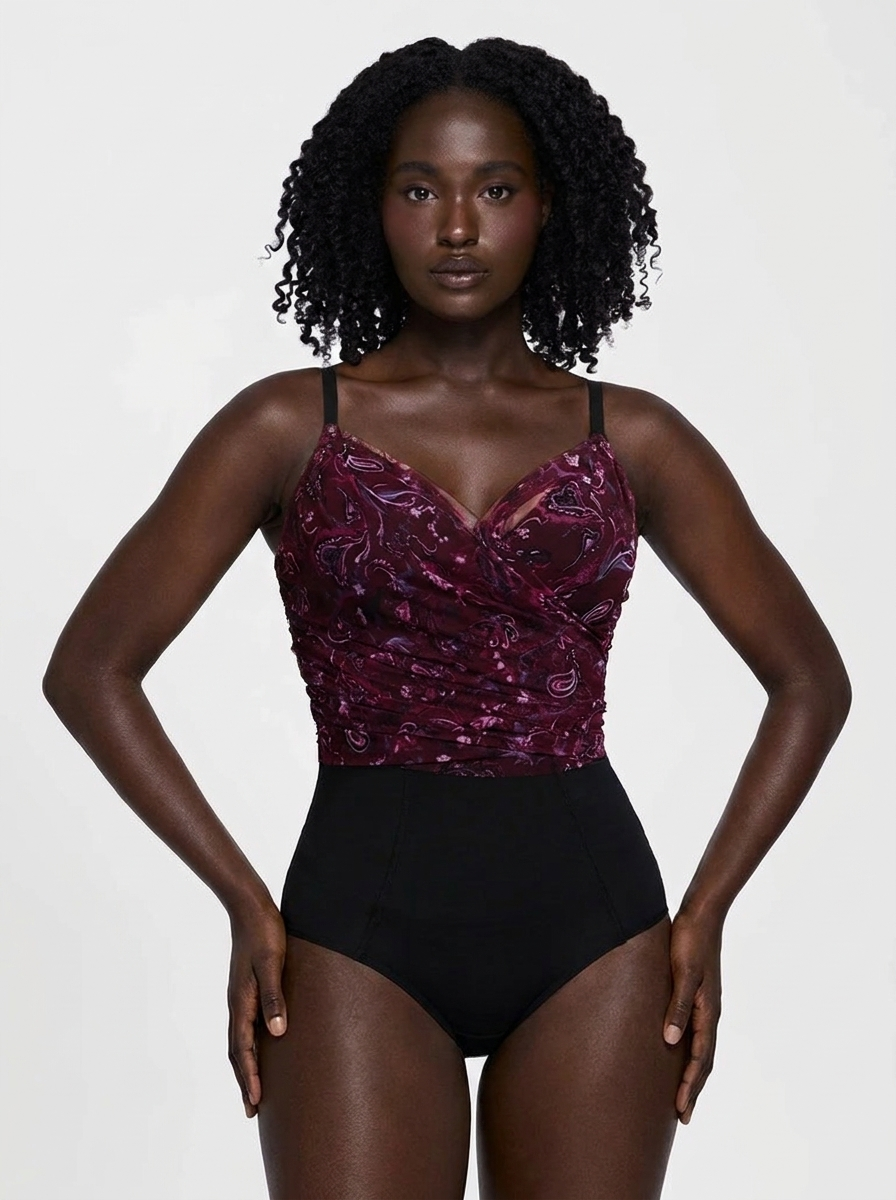 Shapewear Paisley V Neck Mesh Cami Corset Top - Red Paisley