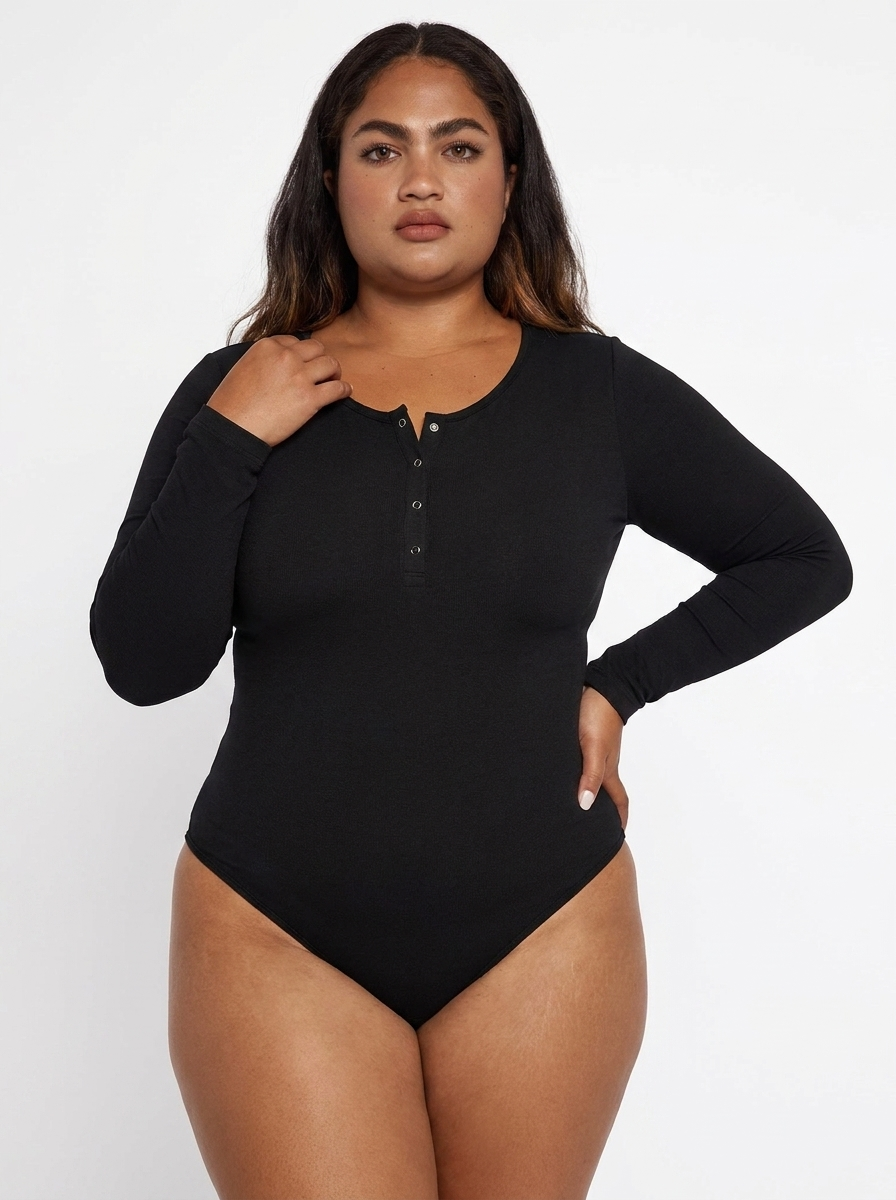 Shapewear Seamless Modal Long Sleeve Henley Bodysuit - Black