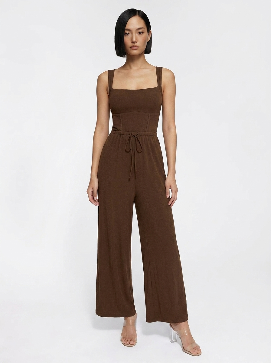 Shapewear Square Neck Tummy Control Wide Leg Jumpsuit - Drawstring Version Brown