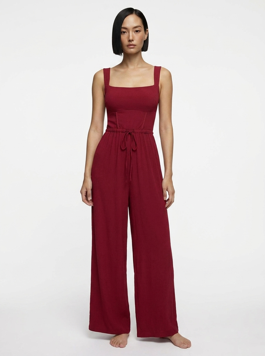 Shapewear Square Neck Tummy Control Wide Leg Jumpsuit - Drawstring Version Red
