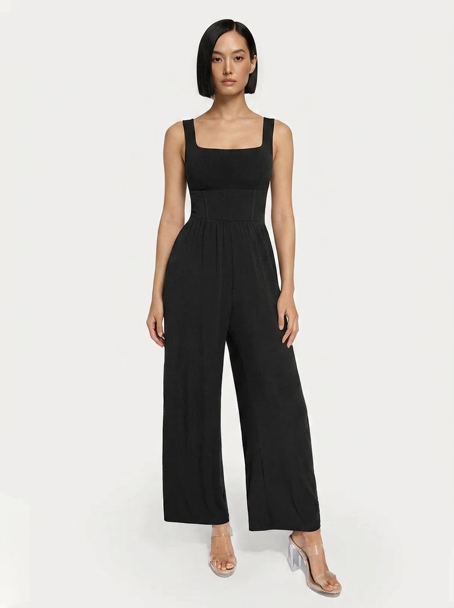 Shapewear Square Neck Tummy Control Wide Leg Jumpsuit - Non-Drawstring Version Black