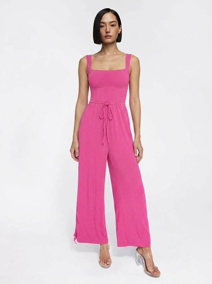 Shapewear Square Neck Tummy Control Wide Leg Jumpsuit - Drawstring Version Pink
