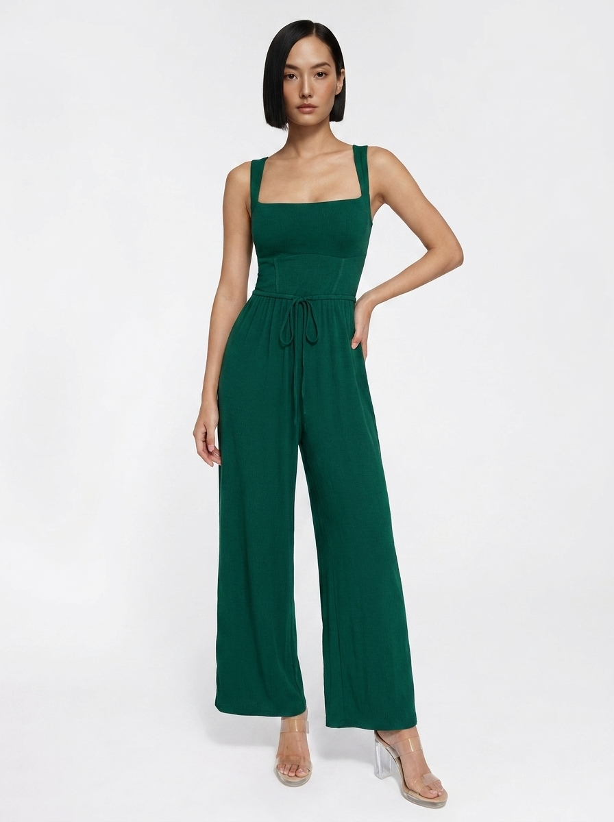 Shapewear Square Neck Tummy Control Wide Leg Jumpsuit - Drawstring Version Green