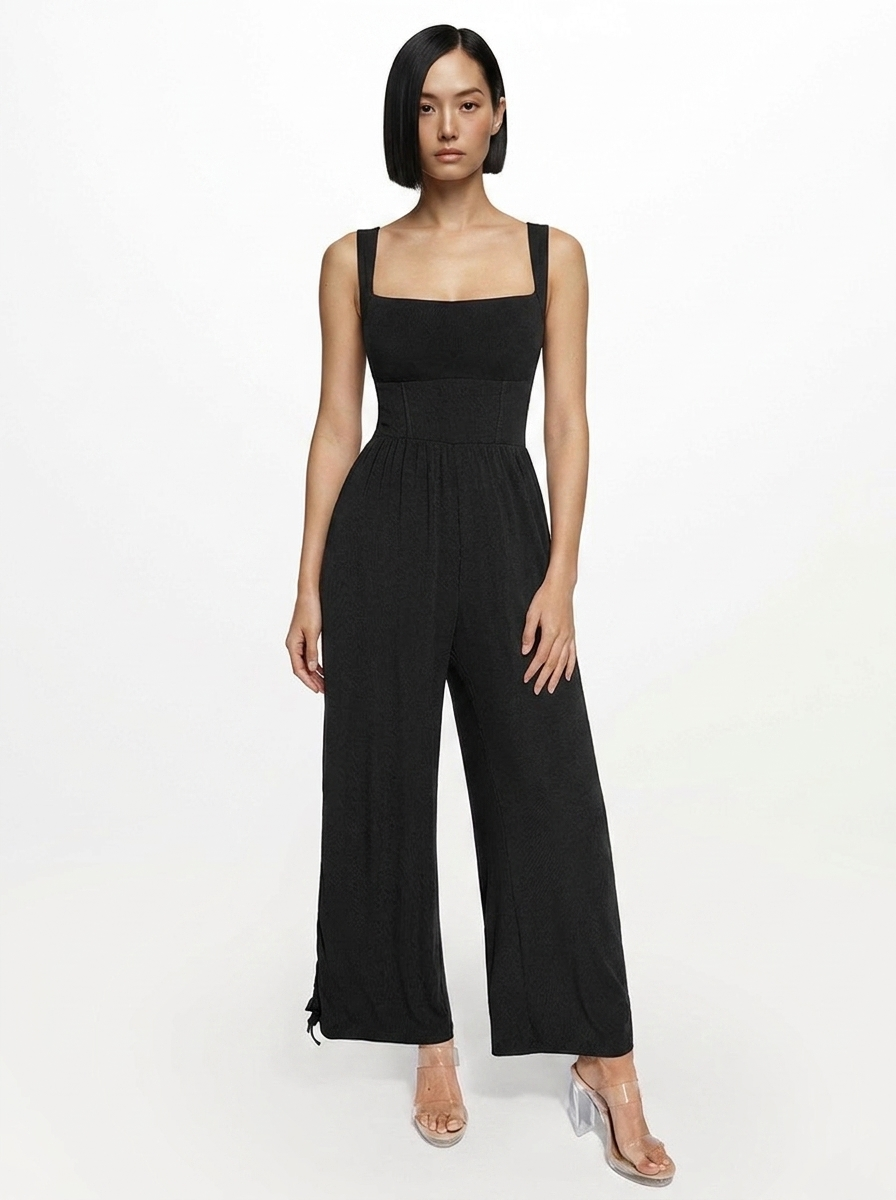 Shapewear Square Neck Tummy Control Wide Leg Jumpsuit - Drawstring Version Black