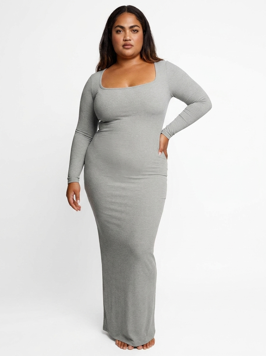 Shapewear Soft Modal Sculpting Dresses - Long Sleeve Maxi Dress Grey